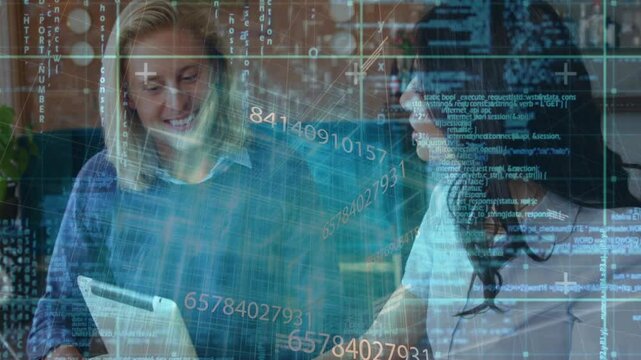 Woman pointing at tablet initiating pair programming, man swiping code, overlays intensifying