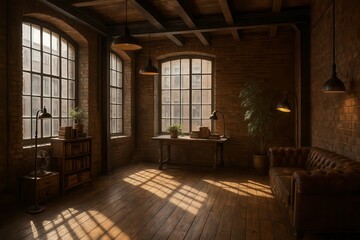 Interior of a room with large windows and sunlight shining on the floor