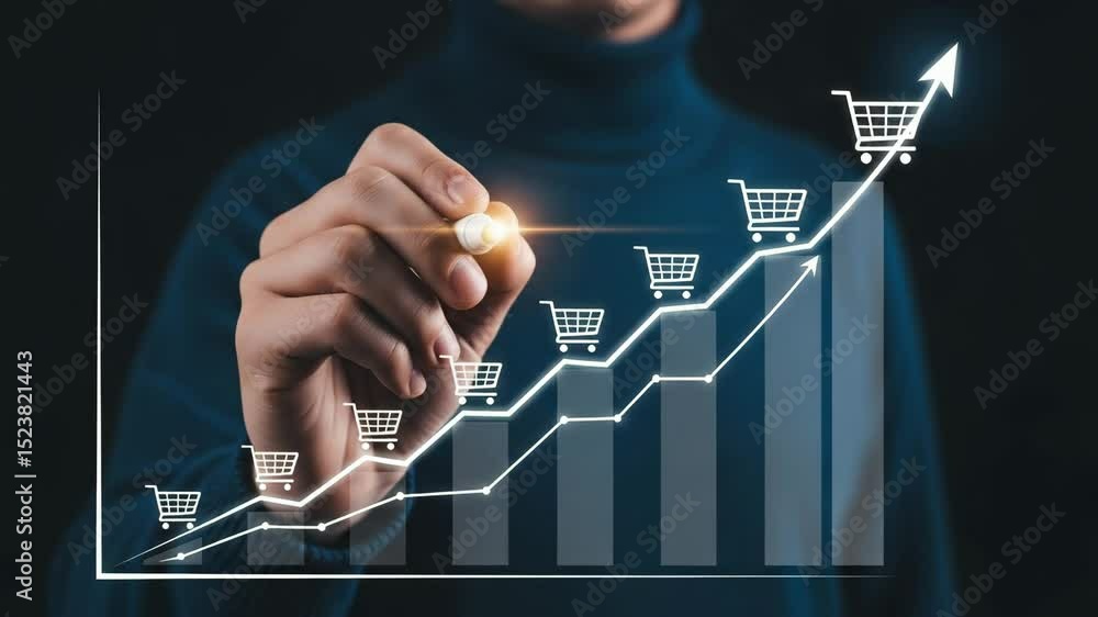 Poster Man drawing a chart with shopping carts showing growth on a dark blue background with bars