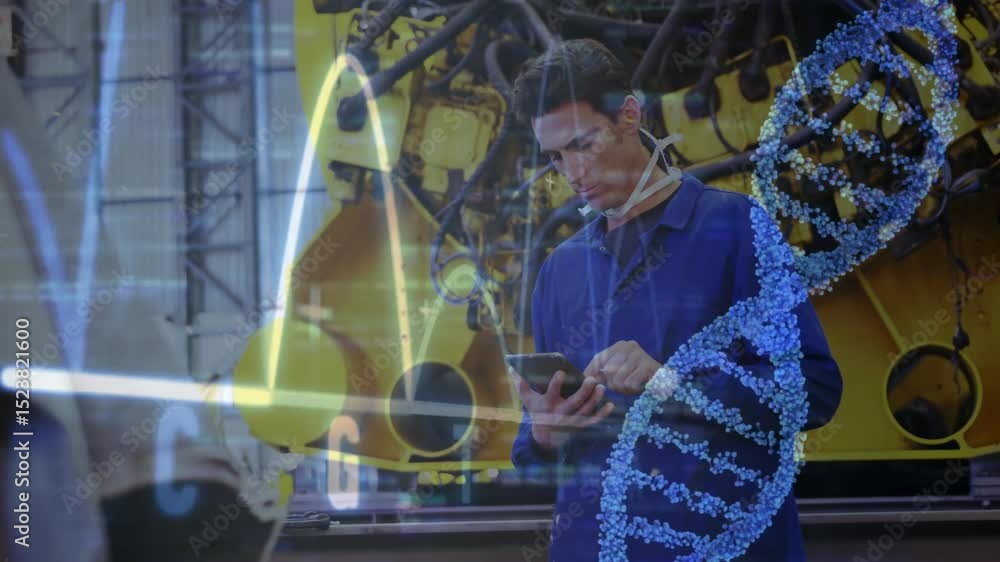 Poster technician tapping tablet upon graphs and dna overlays appearing in plant checking machine data