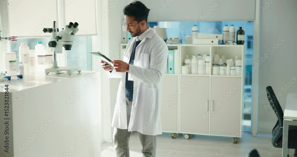 Poster man, scientist and tablet for chemistry in lab for research, medical study and data entry of results
