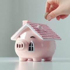 Hand Putting Coin in Piggy Bank House