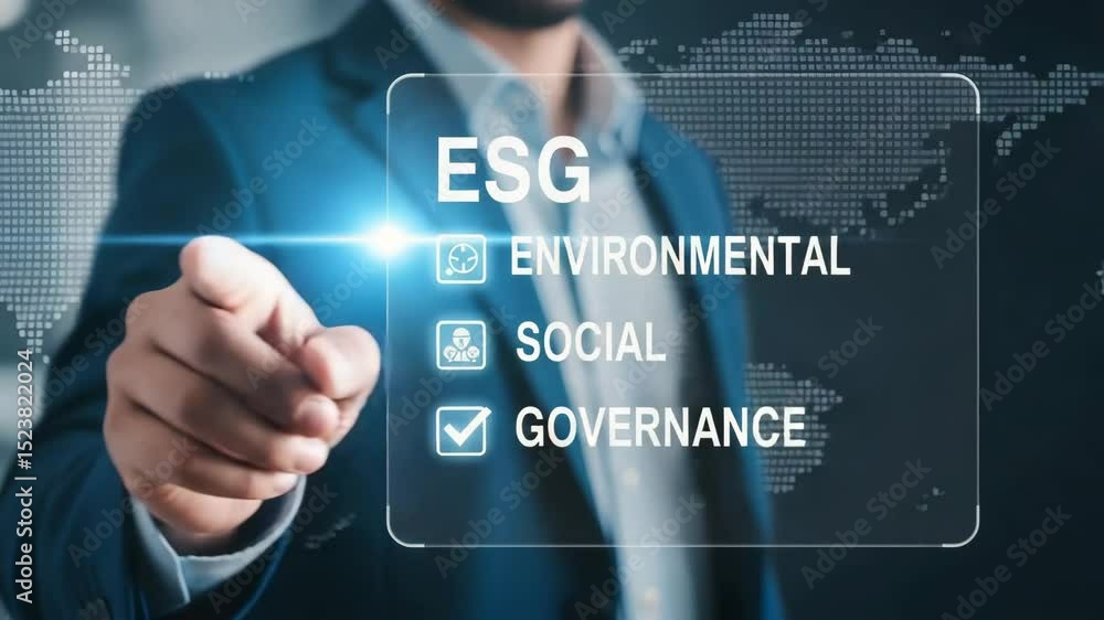 Aufkleber Man in suit points to esg environmental social governance checklist on digital display with world map