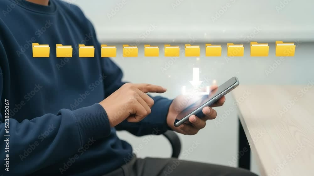 Poster person downloading files to smartphone with folders and download icon above the device screen