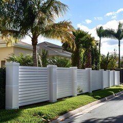 Long White Vinyl Fence with Palm Trees