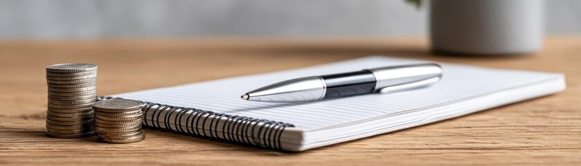 Fototapeta premium Minimalist budgeting through wealth planning and goals concept. A stylish pen on a notebook beside coins, symbolizing finance.