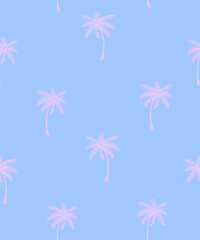 Palm Trees Seamless Vector Pattern. Pink-blue Tropical Forest Wallpaper. Childish Drawing-like Jungle Print. Pink Hand Drawn Palms Isolated on a Blue Background. Exotic Floral Design. 