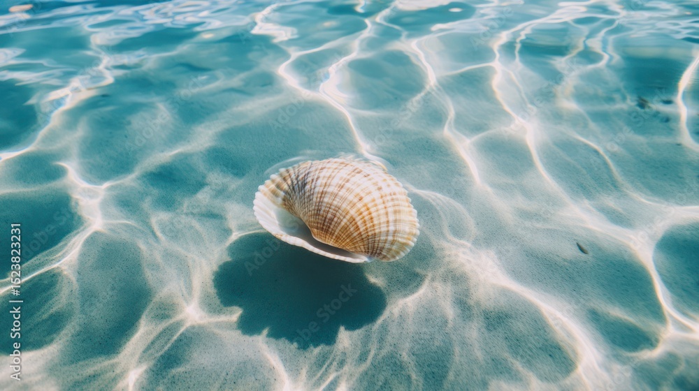 Poster Seashell nestled in clear turquoise ocean waters with mesmerizing light patterns