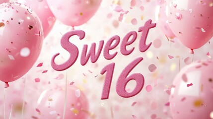 Sweet 16 text on pink balloons and confetti on festive background