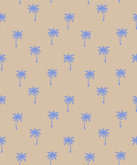 Palm Trees Seamless Vector Pattern. Blue-beige Tropical Forest Wallpaper. Childish Drawing-like Jungle Print. Blue Hand Drawn Palms Isolated on a Dusty Beige Background. Exotic Floral Design. 