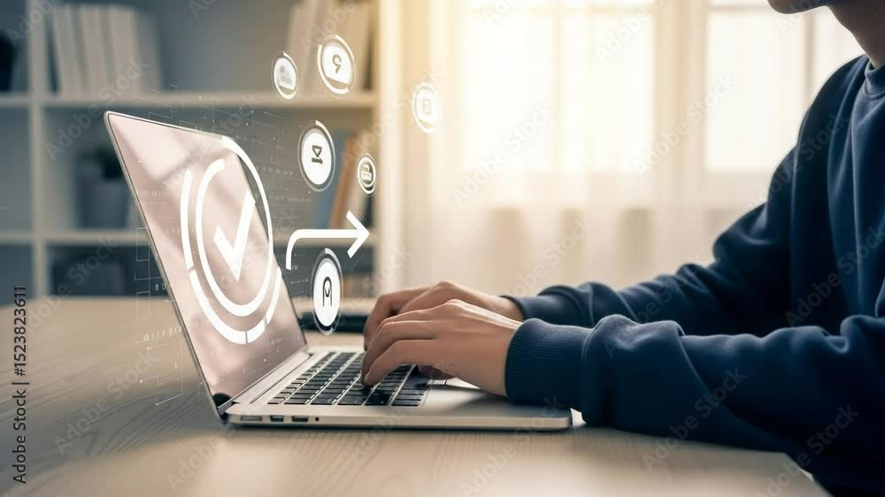Poster Person typing on laptop with checkmark and arrow graphic overlay against bookshelf background