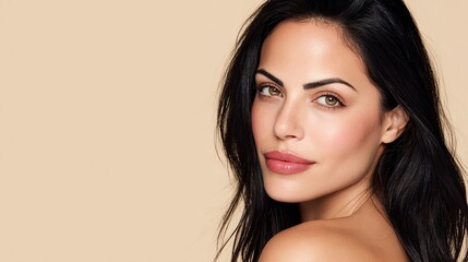 Fototapeta premium A beautiful young woman gently posing in front of a beige background in preparation for a skincare advertisement, showing clear and radiant skin, beauty advertising photography style.