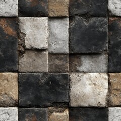 Fototapeta premium Textured wall of distressed rectangular blocks in varying colors.