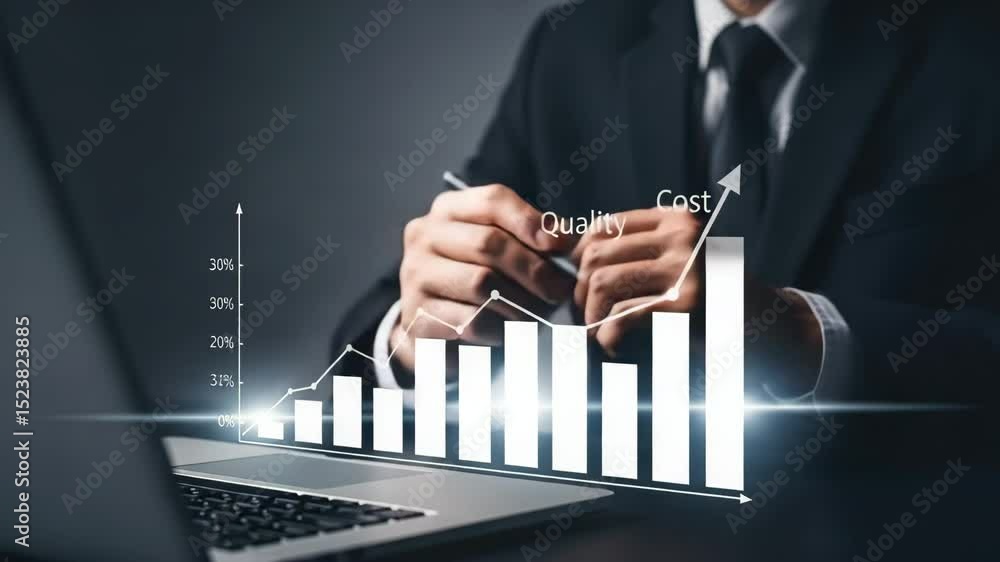 Aufkleber man in suit analyzing quality and cost graph on laptop screen with pen in hand in dark setting