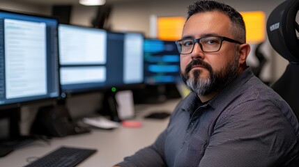 Focused man working at multiple computer screens