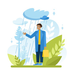 Cold snap. The weather is rain. A man in a coat stands in the rain without an umbrella. Cloudy weather. The seasons change. Emotions. The mood is ruined.