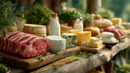 A rustic outdoor table laden with an array of cheese, meats, milk, and fresh herbs, showcasing a sumptuous feast.