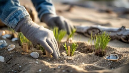 Planting Seedlings on the Beach: A Close-Up of Hands Restoring Coastal Habitats