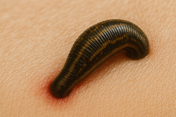 Close-up image of a leech feeding on human skin, showing slight redness around the attachment point.