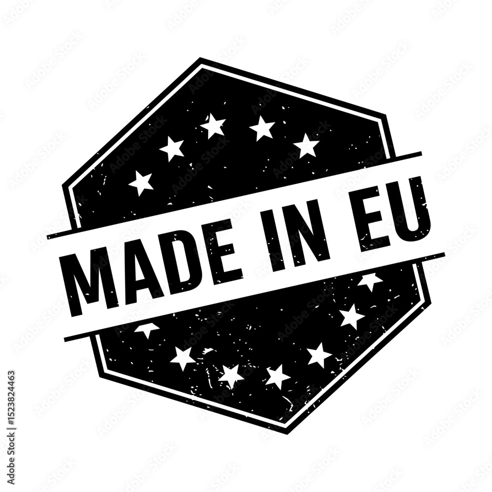 Poster made in eu icon. black grunge icon in the shape of a hexagon with a ribbon and stars, with the text 
