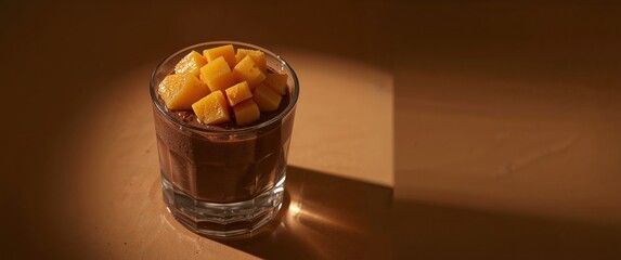 Chocolate dessert in a glass with mango cubes, sweet treat, on brown background.