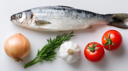 Fresh fish with vegetables on a clean surface.