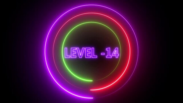 Neon glowing circle with level minus fourteen text animation futuristic gaming interface abstract digital background motion
