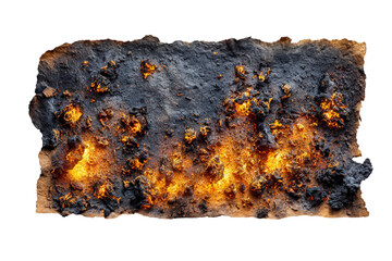 Fire-burned document paper with glowing embers and blackened edges, high contrast, isolated on a Transparent background, PNG file.