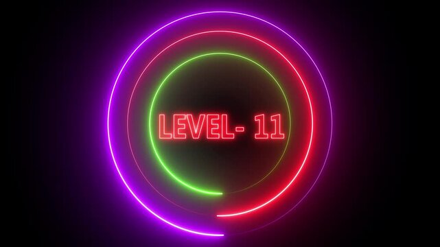 Glowing Pink Purple and Green Neon Level 11 Circular Gauge on Black Background for Gaming Progress, Status and Digital Interface