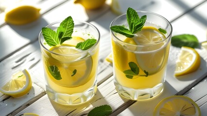 Refreshing summer lemonade in clear glasses with lemon slices and mint leaves on white wooden background, natural sunlight and shadows.