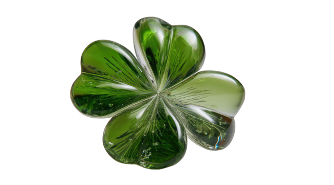 Close-up of a vibrant green four-leaf clover, glassy and detailed