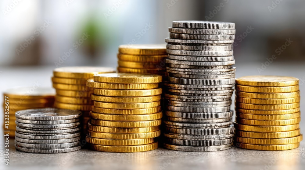 Poster mindful spending in saving and debt management concept. a close-up view of stacked gold and silver c