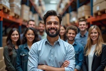 Fototapeta premium Close-Up Portrait of Asian Male Supervisor in Warehouse Setting, Leading Diverse Team with Confidence and Smile