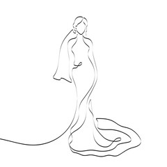 Continuous line drawing of a girl in a wedding dress and vail. Silhouette of the bride. Minimalist black linear sketch isolated on white background. Hand drawn vector illustration.