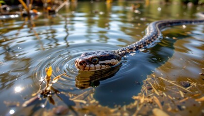 Fototapeta premium Swimming snake in calm water nature scene wildlife photography natural habitat close-up view aquatic life
