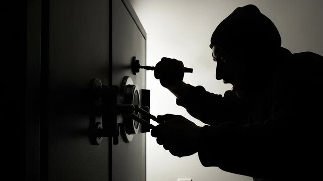 Silhouette of a determined robber cracking a safe in the dark, creating tension