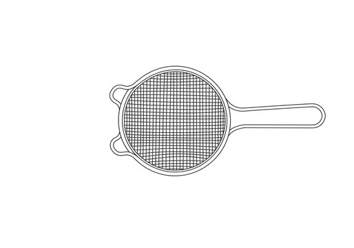 A simple line drawing of a round kitchen strainer with a handle on a white background space filler - Powered by Adobe