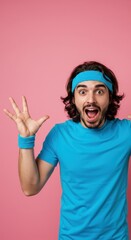 Naklejka premium Astonished Man in Blue Athletic Wear Against Pink Background: A Portrait of Surprise and Excitement