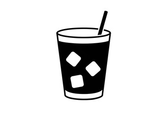 A black and white graphic of a glass with ice cubes and a straw on a white background simple design