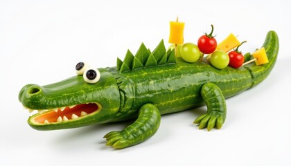Fototapeta premium Creative food art cucumber alligator with vegetables kitchen image white background close-up fun presentation