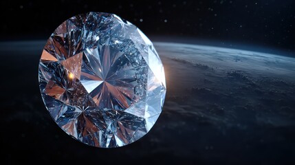 Fototapeta premium Giant sparkling diamond in space against planet and dark background