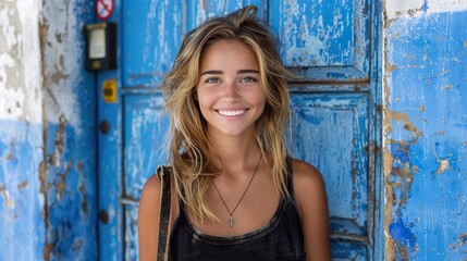 Naklejka premium femme souriante qui porte un tote bag vierge - mockup 