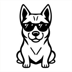 Fototapeta premium Cheerful black and white dog character wearing stylish sunglasses, sitting upright and exuding a playful, friendly vibe