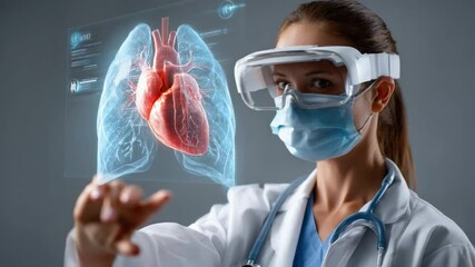 Medical professional exploring interactive organ anatomy: A forward-thinking medical professional wearing augmented reality glasses interacts with a 3D model of the human heart and lungs. - Powered by Adobe