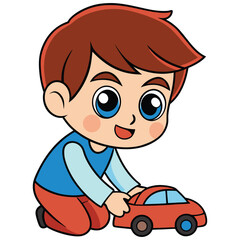 create a cute boy playing with car toy vector in white background