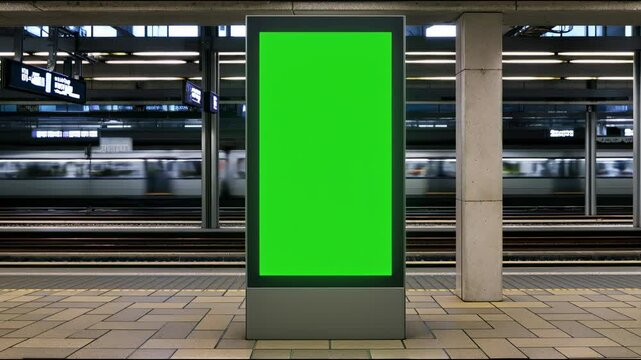 An empty green screen advertising display board at a subway station with a blurred train passing.