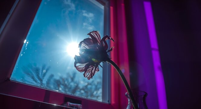 Flower Silhouette Against a Bright Window with Blue Sky and Purple Lighting.