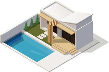 Isometric modern minimalist house with small pool