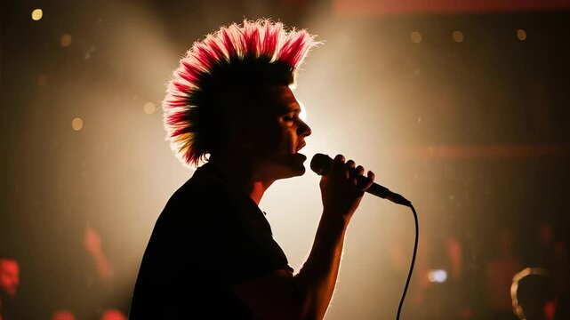 Energetic Punk Rock Singer Performing Live on Stage Under Dynamic Lighting and Crowd