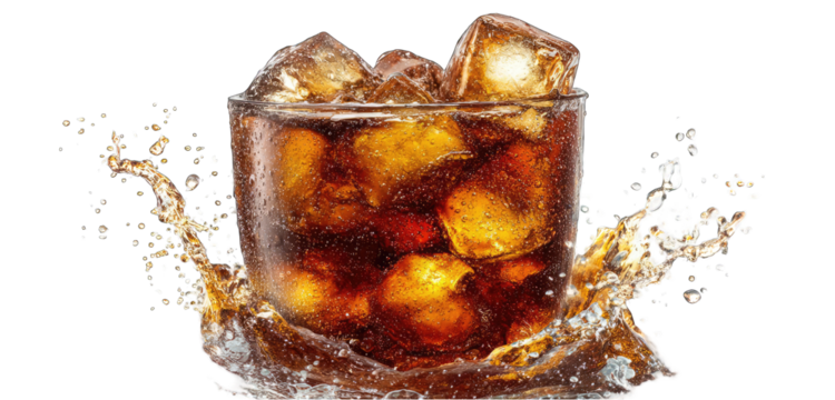 A glass of dark brown soda with ice cubes, splashing liquid